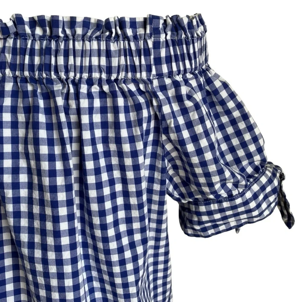 J. Crew Blue White Gingham Checkered Off The Shoulder Top Cottagecore Size 2